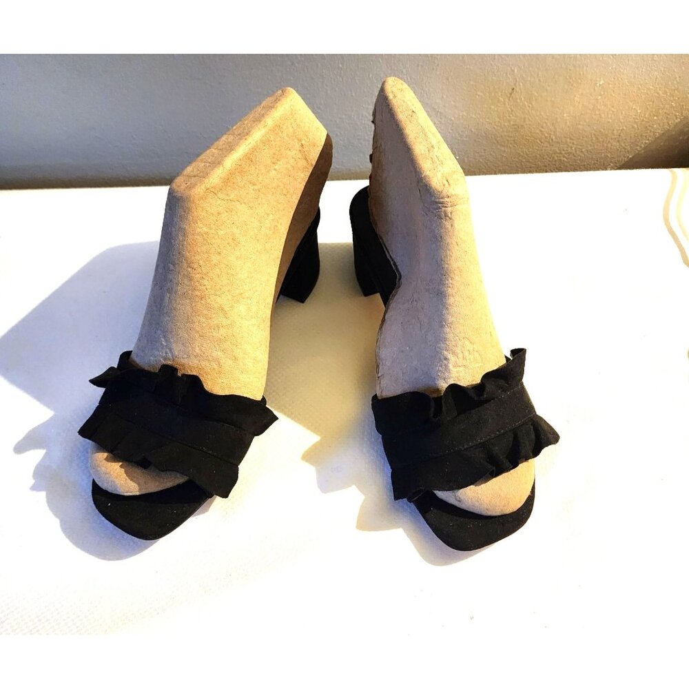 Elegant Blk Sueded Velvet Ruffle‎ Office Siren Cocktail Heel Slide Sz. 39/US 9